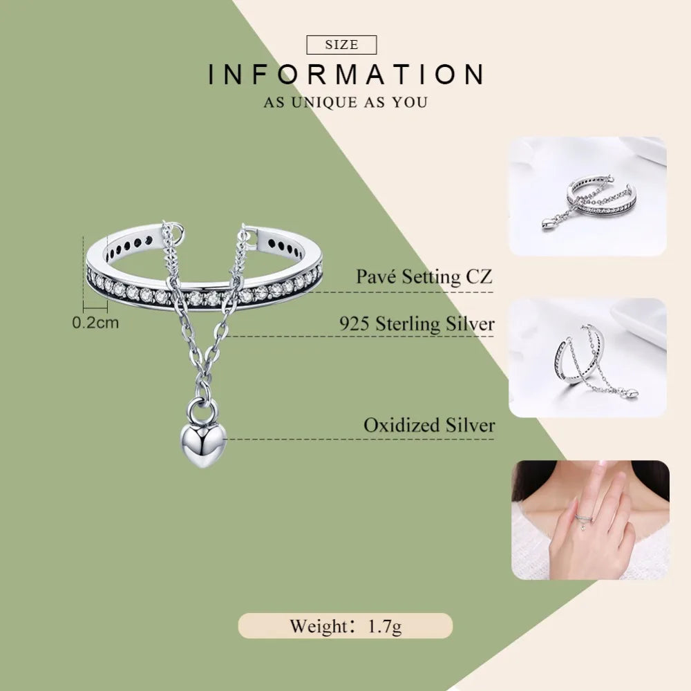 925 Sterling Silver Stackable Clear CZ Heart Chain Double Layer Ring for Women Wedding Adjustable Ring