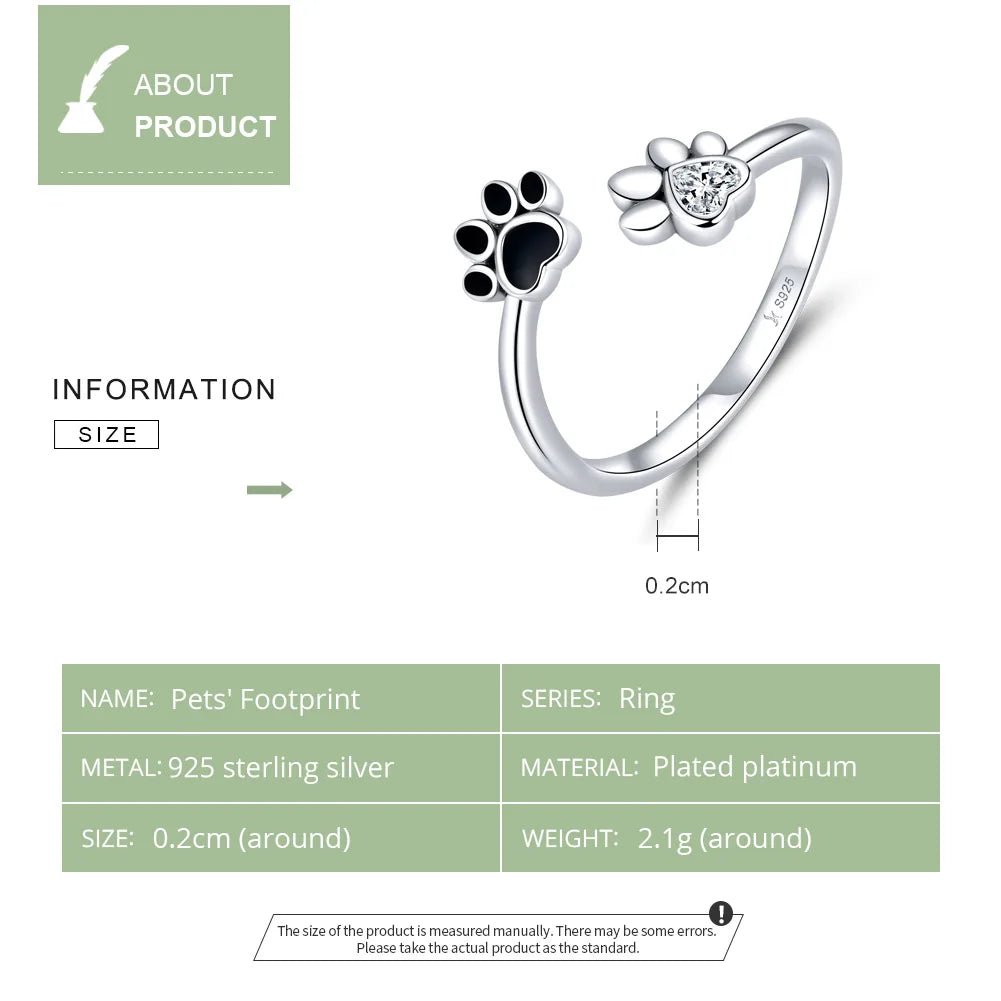 925 Sterling Silver Black Dog Paw Open Ring Zircon Cute Footprint Adjustable Finger Ring for Women Fine Jewelry SCR605