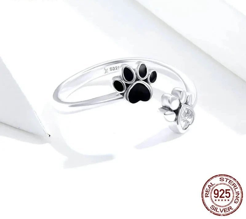 925 Sterling Silver Black Dog Paw Open Ring Zircon Cute Footprint Adjustable Finger Ring for Women Fine Jewelry SCR605