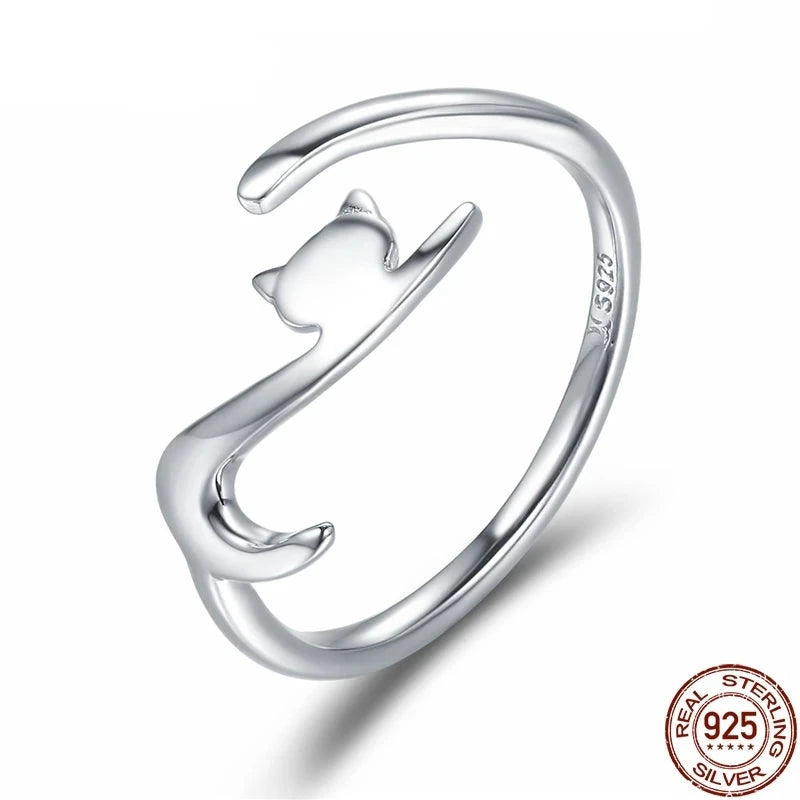 925 Sterling Silver Sticky Cat with Long Tail Finger Ring Women Ring Adjustable Engagement Ring Jewelry SCR220