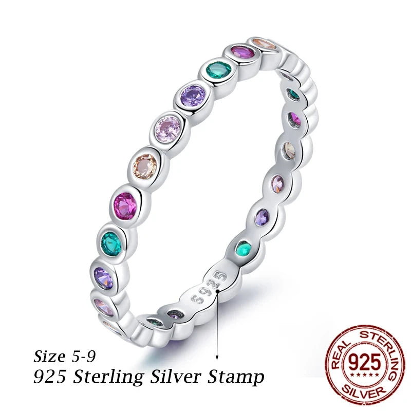 925 Sterling Silver Rainbow Zircon Finger Ring for Women Trendy Fashion Dazzling CZ Stone Anillos Jewelry Gift SCR714