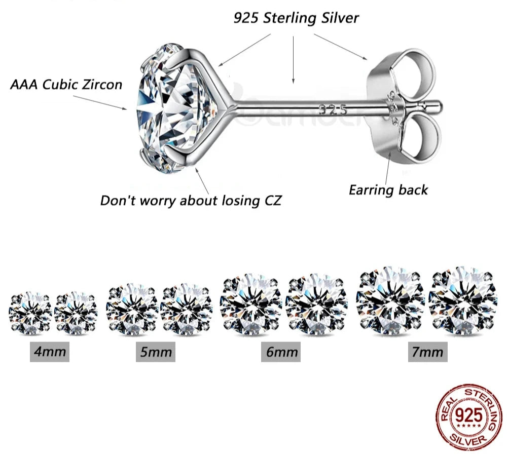 925 Sterling Silver Platinum Plated Round Cubic Zirconia Hypoallergenic Earrings 4mm 5mm 6mm 7mm BSE166