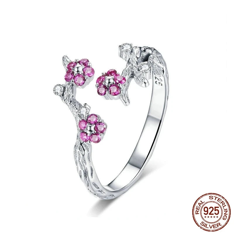 925 Sterling Silver Winter Blooming Plum Flower Open Size Rings for Women Wedding Engagement Jewelry BSR022