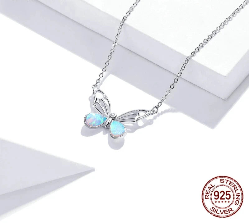 925 Sterling Silver Colorful Opal Butterfly Pendant Necklace Hollow Pattern Insect Neck Chain Women Fine Jewelry BSN216