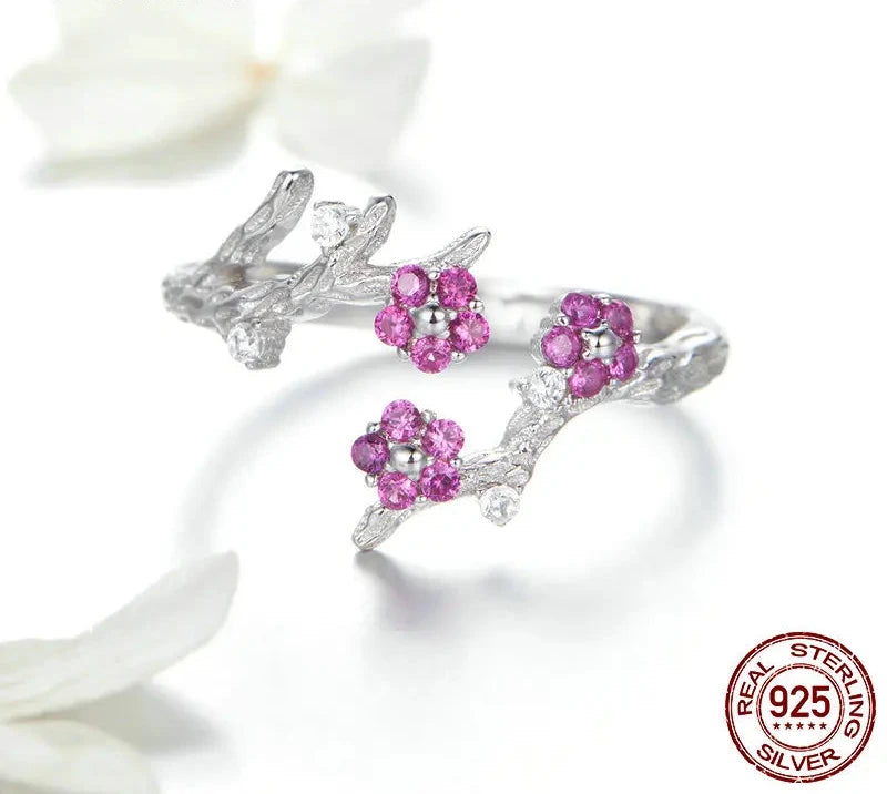 925 Sterling Silver Winter Blooming Plum Flower Open Size Rings for Women Wedding Engagement Jewelry BSR022