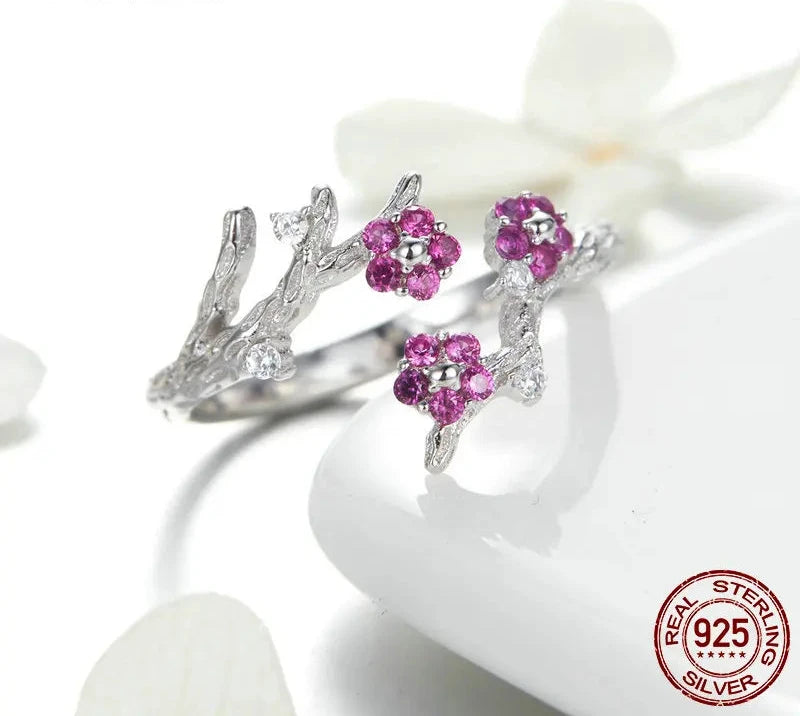 925 Sterling Silver Winter Blooming Plum Flower Open Size Rings for Women Wedding Engagement Jewelry BSR022