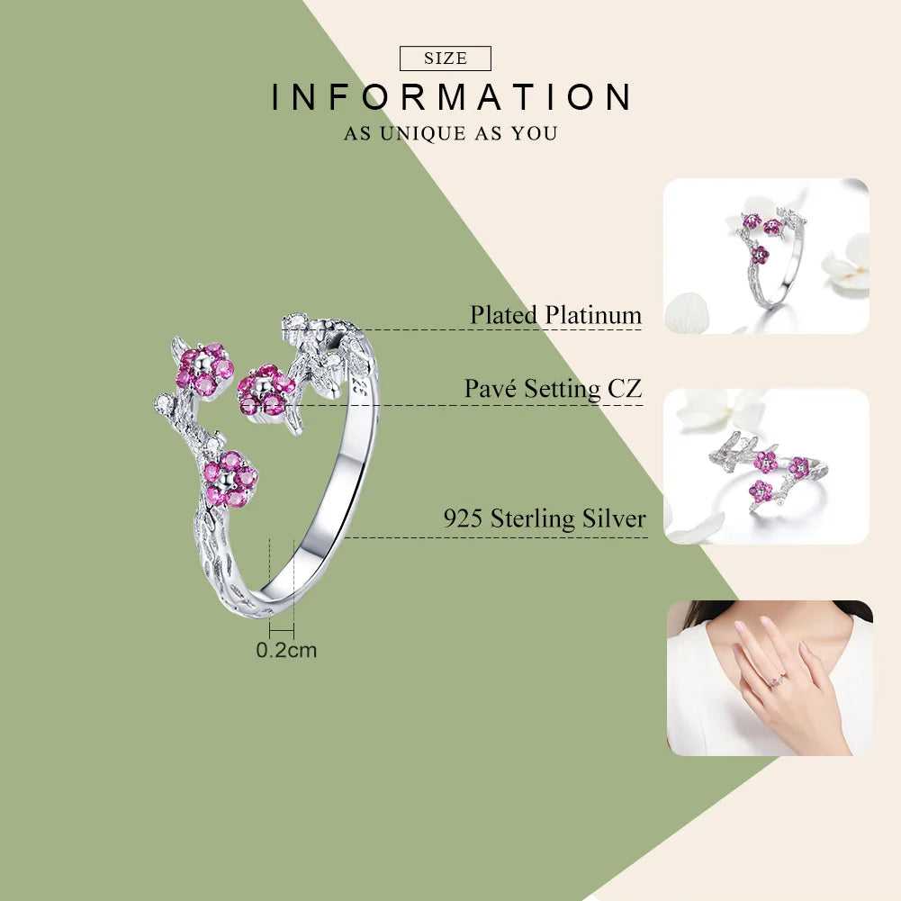 925 Sterling Silver Winter Blooming Plum Flower Open Size Rings for Women Wedding Engagement Jewelry BSR022