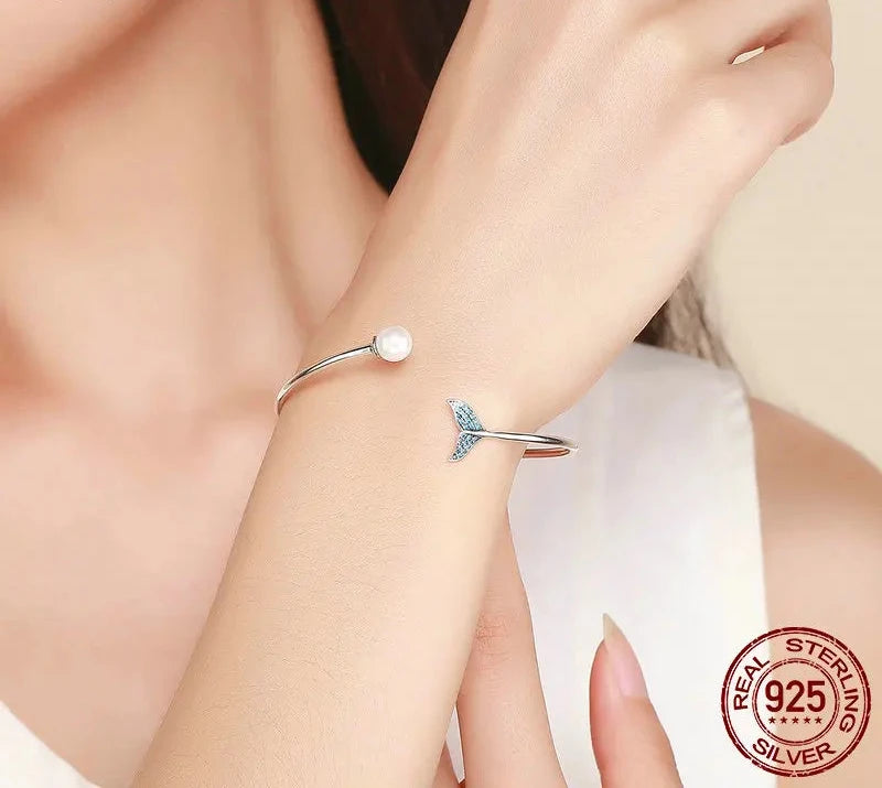 925 Sterling Silver Blue Zircon Mermaid's Tail Open Cuff Women Bracelets & Bangles Fashion Jewelry SCB123