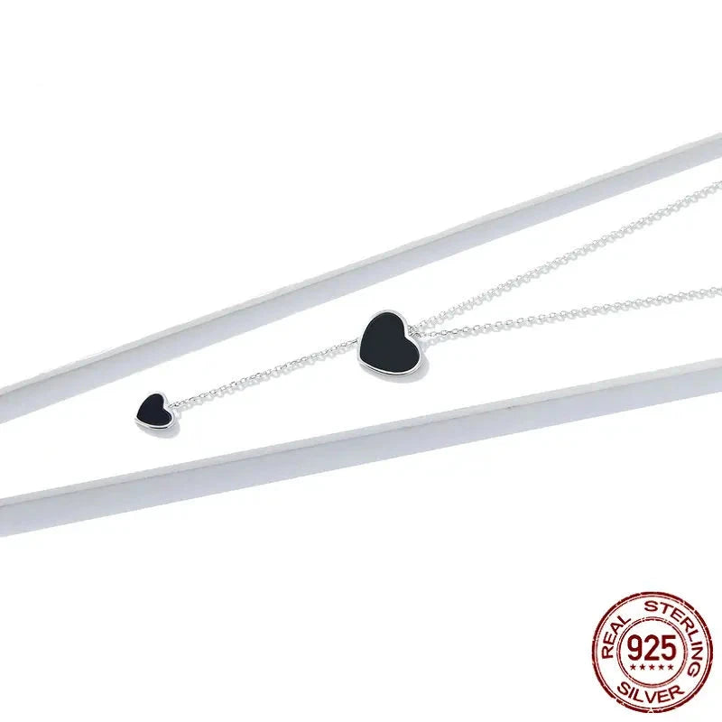 925 Sterling Silver Double Black Heart Pendant Necklace for Women Simple Black Enamel Y-shape Chain Necklace BSN095