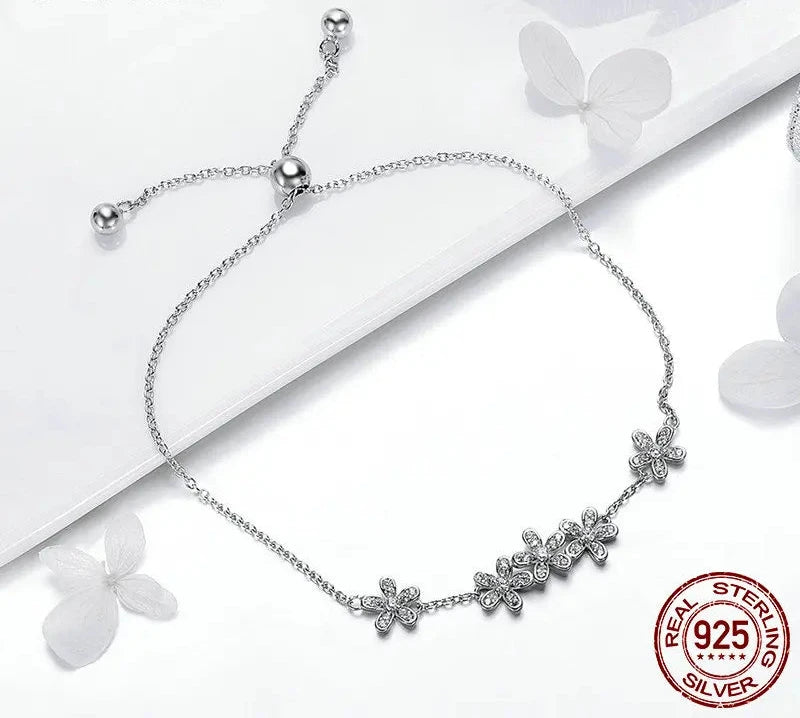 925 Sterling Silver Luminous Daisy Flower Women Bracelets Clear CZ Fashion Bracelet Jewelry Making Gift SCB084