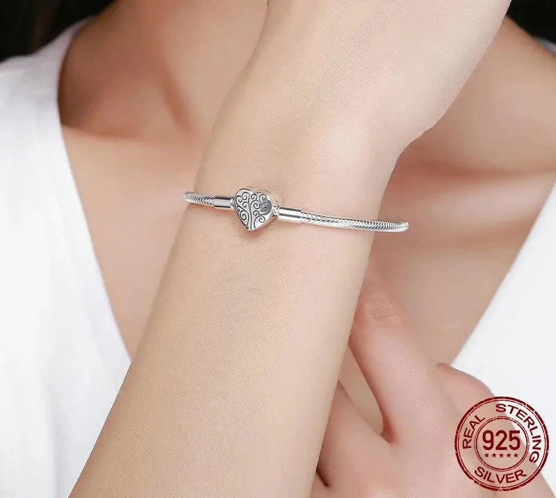 925 Sterling Silver Spring Tree of Life Heart Shape Clasp Snake Chain Bracelet Sterling Silver Jewelry S925 SCB066