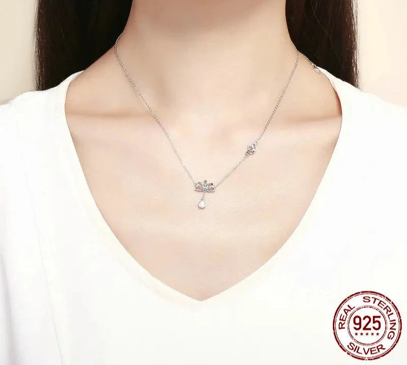 925 Sterling Silver Elegant Lotus Pendant Necklaces Cubic Zircon Flower Necklace for Women Fine Jewelry BSN012