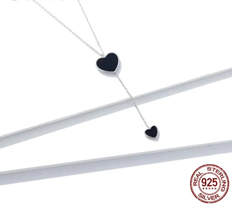 925 Sterling Silver Double Black Heart Pendant Necklace for Women Simple Black Enamel Y-shape Chain Necklace BSN095