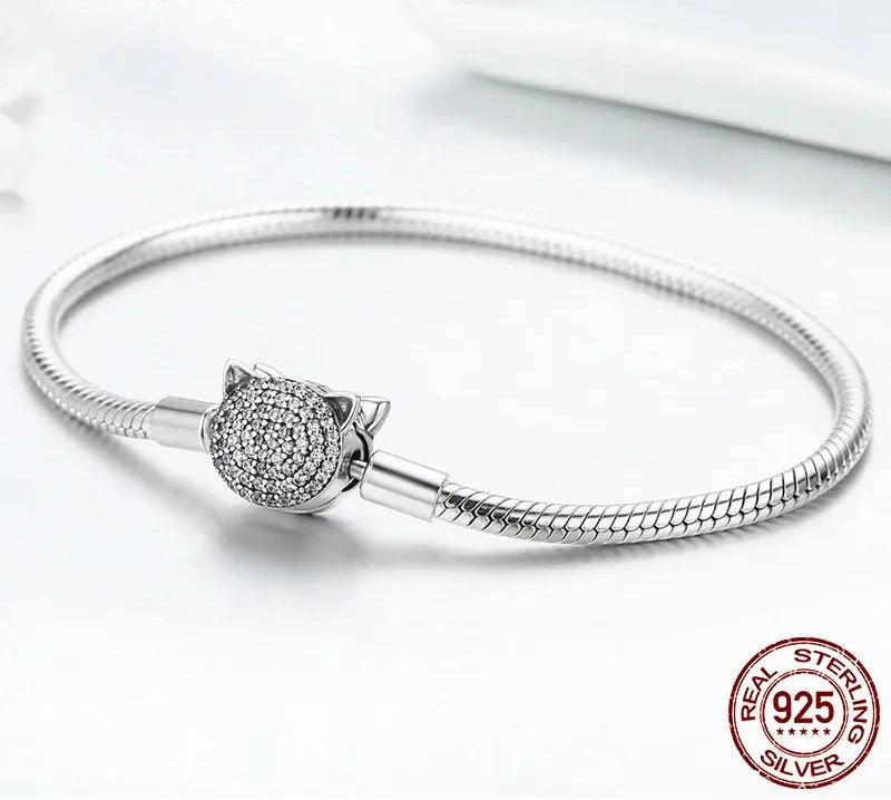 925 Sterling Silver Glittering CZ Cute Cat Snake Chain Bracelet for Women Charm and Bead DIY Fine Jewelry SCB053