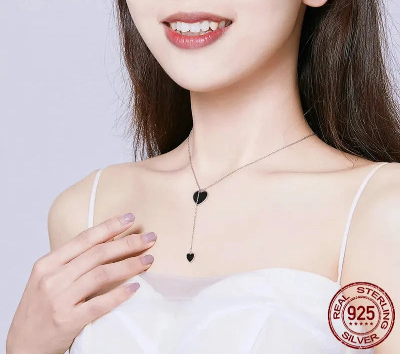 925 Sterling Silver Double Black Heart Pendant Necklace for Women Simple Black Enamel Y-shape Chain Necklace BSN095