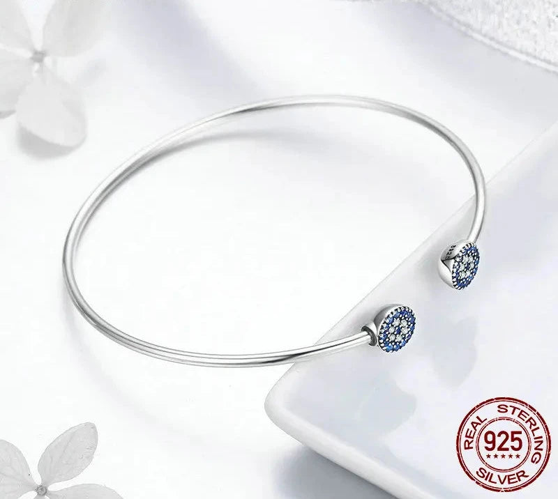 925 Sterling Silver Blue Zircon Lucky Eyes Bracelet for Women Open Cuff Bangle Classic Luxury Jewelry SCB058