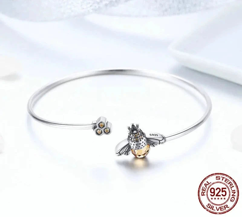 925 Sterling Silver Crystal Yellow Bee Bangle Silver Cute Insect Bracelets for Women Birthday Gift Fine Jewelry SCB104