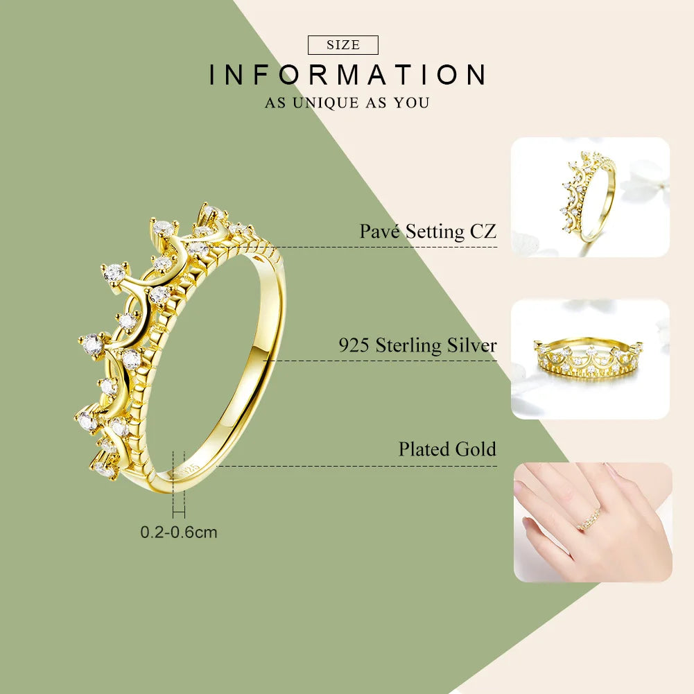 925 Sterling Silver Princess Crown Gold Color Crown Rings for Women Wedding Ring Jewelry Anel SCR493