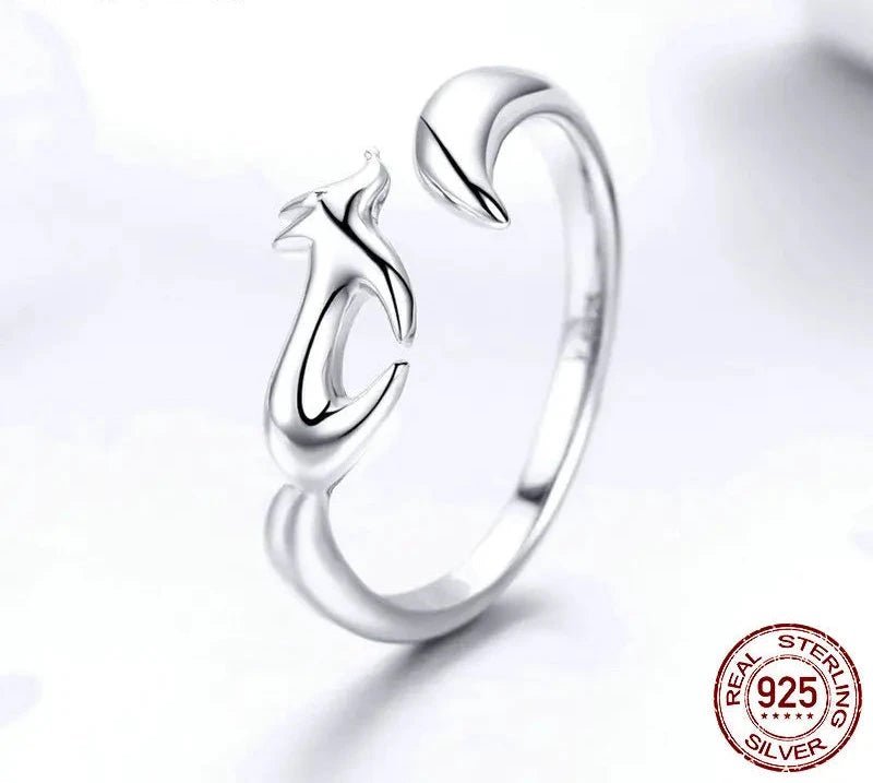 925 Sterling Silver Animal Fox Adjustable Finger Rings for Women Open Size Fox Tail Ring Sterling Silver Jewelry SCR478