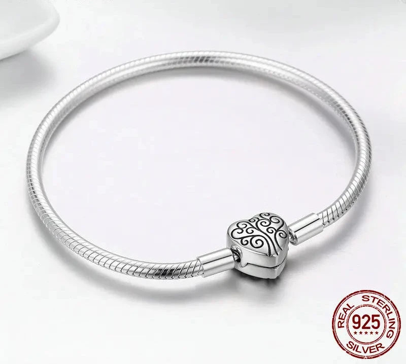 925 Sterling Silver Spring Tree of Life Heart Shape Clasp Snake Chain Bracelet Sterling Silver Jewelry S925 SCB066