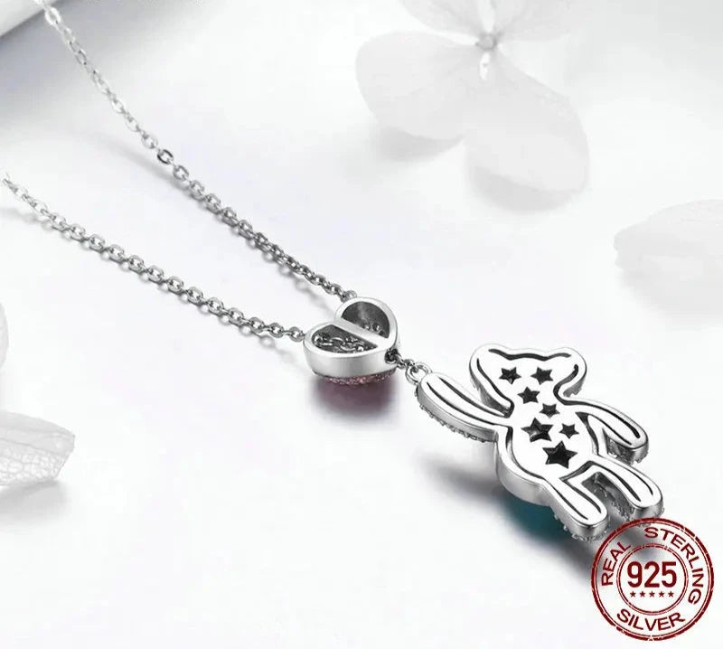 925 Sterling Silver Pink CZ Heart And Cute Bear Animal Pendant Necklaces for Women Silver Jewelry Gift SCN271