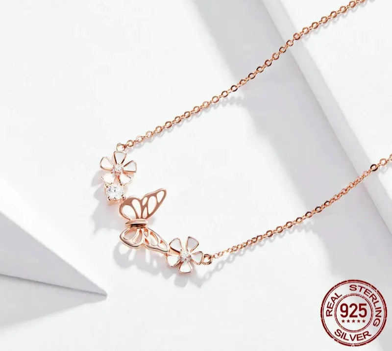 925 Sterling Silver Butterfly and Flower Necklace Enamel Floral Short Choker Necklace Silver Korean Style Jewelry BSN053