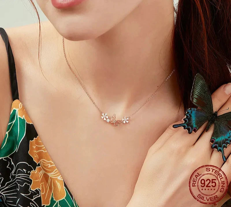 925 Sterling Silver Butterfly and Flower Necklace Enamel Floral Short Choker Necklace Silver Korean Style Jewelry BSN053