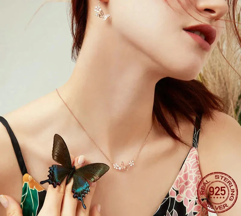 925 Sterling Silver Butterfly and Flower Necklace Enamel Floral Short Choker Necklace Silver Korean Style Jewelry BSN053