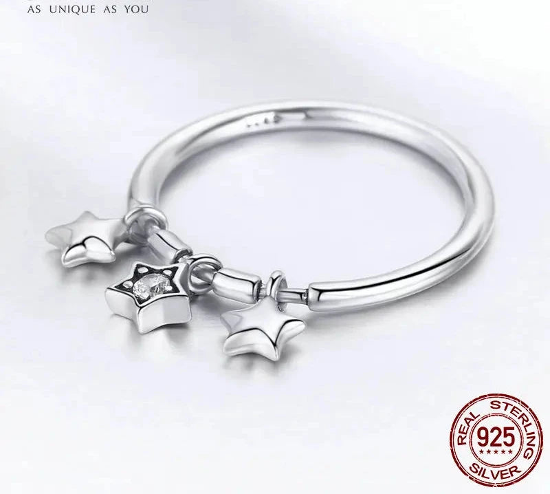 925 Sterling Silver Fashion Sparkling Dangle Star Finger Rings for Women Wedding Engagement Ring Jewelry SCR406