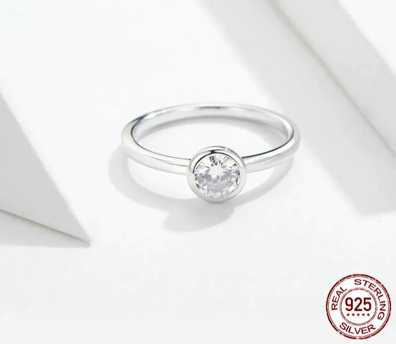 925 Sterling Silver Clear CZ Finger Ring Minimalist Women Engagement Wedding Basic Band Ring SCR535