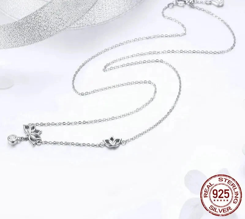 925 Sterling Silver Elegant Lotus Pendant Necklaces Cubic Zircon Flower Necklace for Women Fine Jewelry BSN012