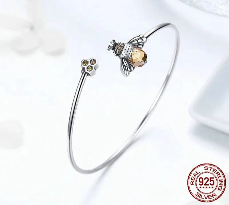 925 Sterling Silver Crystal Yellow Bee Bangle Silver Cute Insect Bracelets for Women Birthday Gift Fine Jewelry SCB104