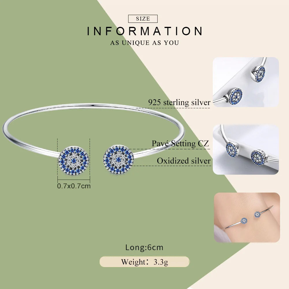 925 Sterling Silver Blue Zircon Lucky Eyes Bracelet for Women Open Cuff Bangle Classic Luxury Jewelry SCB058