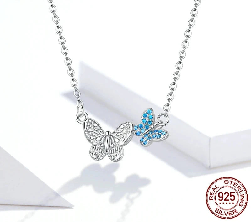 925 Sterling Silver Blue Zircon Flying Butterfly Necklace Women Birthday Gift Korean Style Fashion Jewelry Gift SCN384