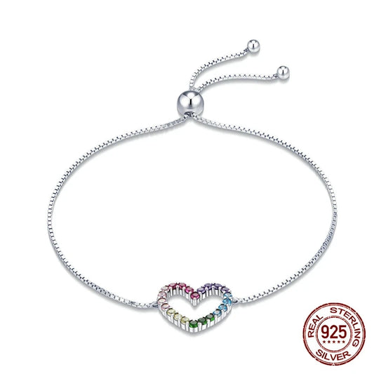 925 Sterling Silver Colorful Heart Pattern Adjustable Bracelet Love Zircon Chain for Women Fine Jewelry SCB216