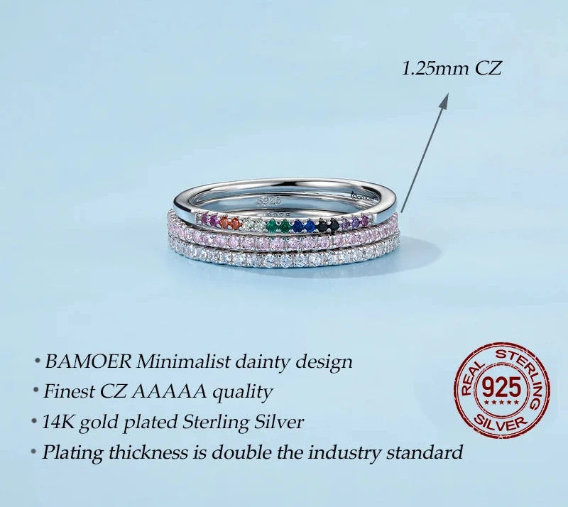 925 Sterling Silver Rainbow CZ Simple Fashion Finger Ring Stackable Band Rings For Women Classic Jewelry