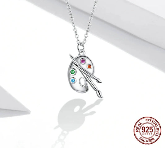 925 Sterling Silver Color Palette Necklace Chain Zircon Crystal Art Brush for Women Fine Statement Jewelry SCN457