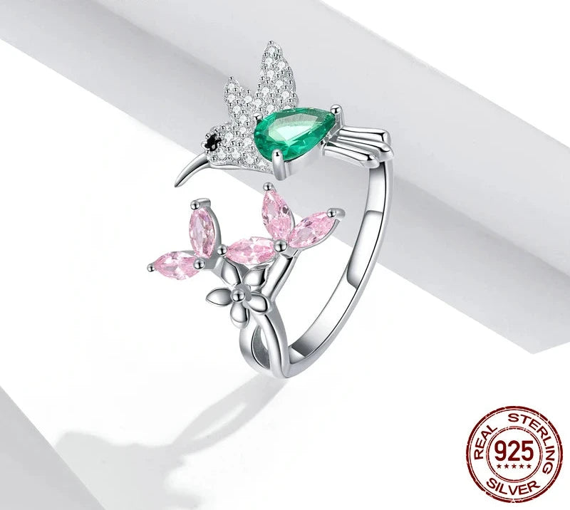 925 Sterling Silver Hummingbird Open Ring Dazzing CZ Adjustable Finger Rings for Women Silver Jewelry Gift BSR016