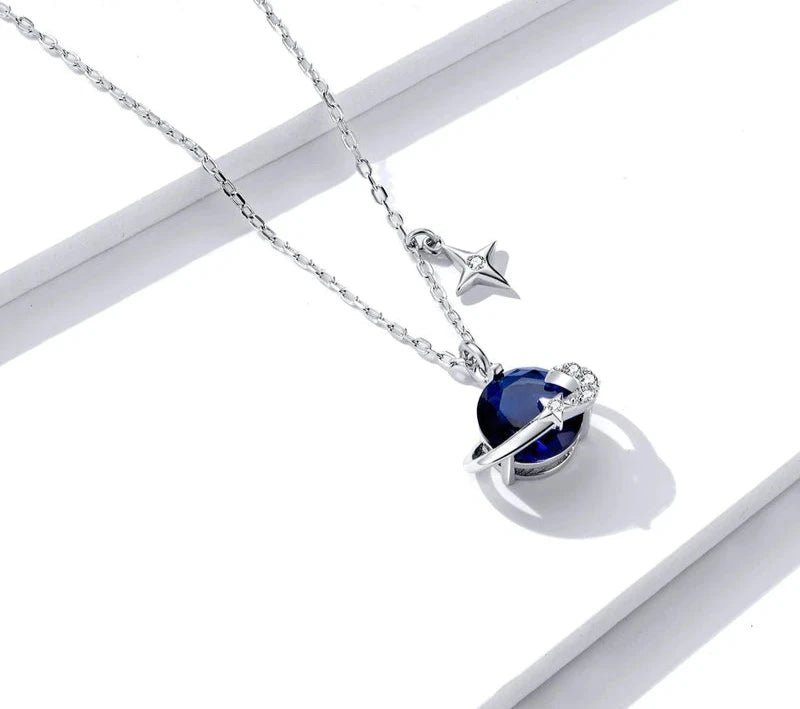 925 Sterling Silver Blue Planet Pendant Necklace for Women Stars Design Engagement Statement Jewelry Colllar BSN166