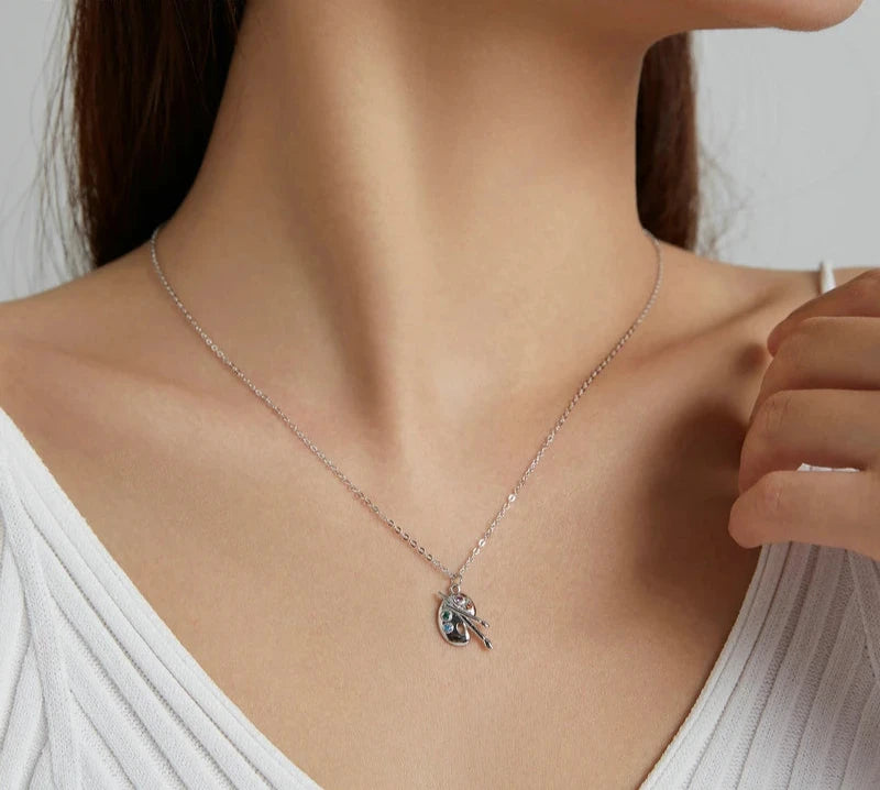 925 Sterling Silver Color Palette Necklace Chain Zircon Crystal Art Brush for Women Fine Statement Jewelry SCN457