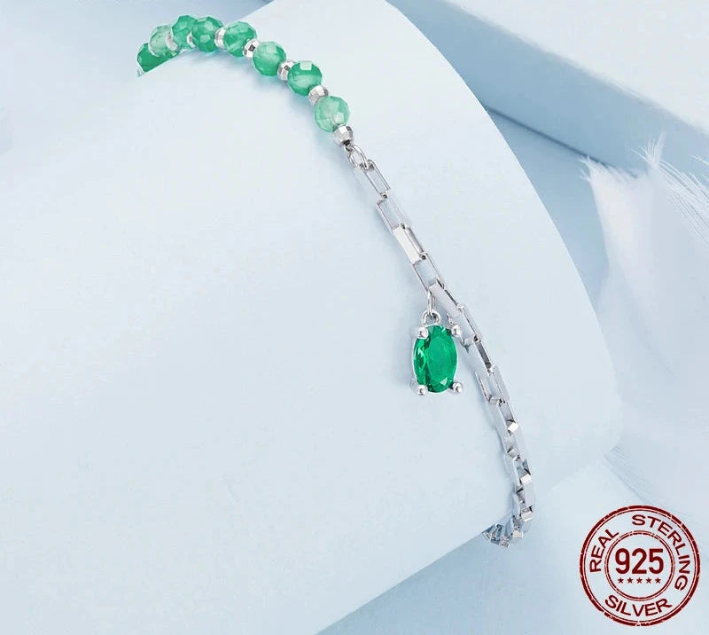 925 Sterling Silver Crystal Green Beads Bracelet Delicate Square Link for Women Birthday Valentine's Day Jewelry Gift