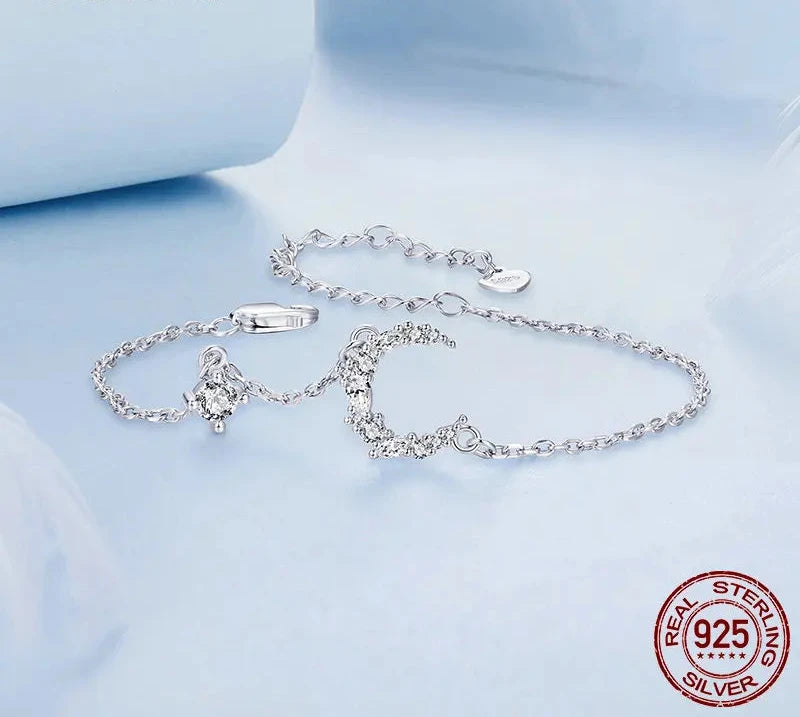 925 Sterling Silver Moon Bracelet, White Gold Plated Personalized Moonlight Dainty Link Chain Bracelet for Women BSB174