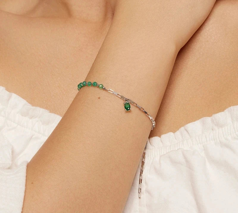 925 Sterling Silver Crystal Green Beads Bracelet Delicate Square Link for Women Birthday Valentine's Day Jewelry Gift