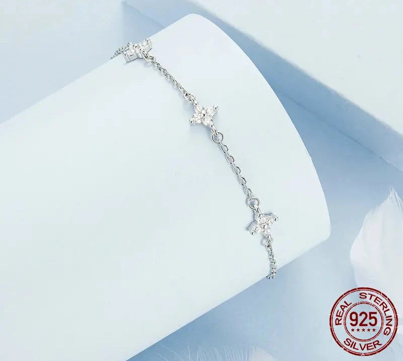 925 Sterling Silver Bracelet, White Gold Plated Shiny Zircon Flower Bracelet for Women Girl Classic Temperament Jewelry