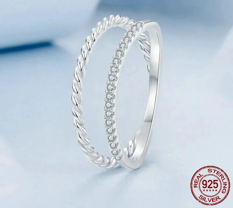 925 Sterling Silver Cubic Zirconia Dual Stacking Rings | White Gold Plated Eternity Band for Women BSR541