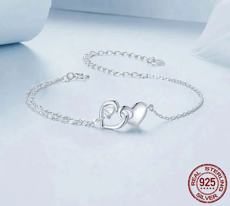 925 Sterling Silver Jewelry Forever Love Heart Double Chain Bracelet Friendship Adjustable Charm Bracelet Gift for Women