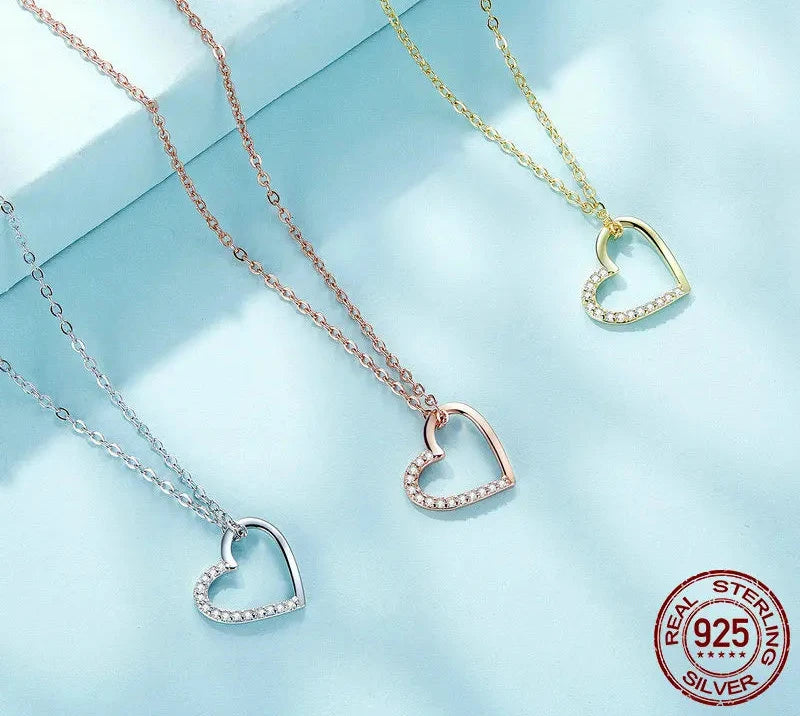 Genuine 925 Sterling Silver The shape of love Chain Necklace for Women, Godl Plated Heart Necklace 3 Color 18.11''