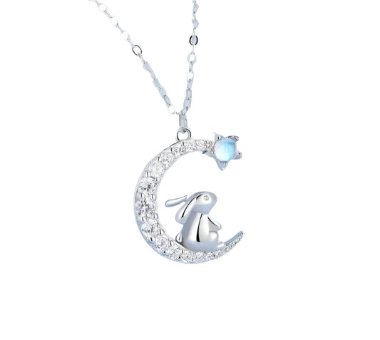 925 Sterling Silver Crescent Moon Pendant Necklace Cute Rabbit Neck Chain for Women Birthday Gift Fine Jewelry BSN302