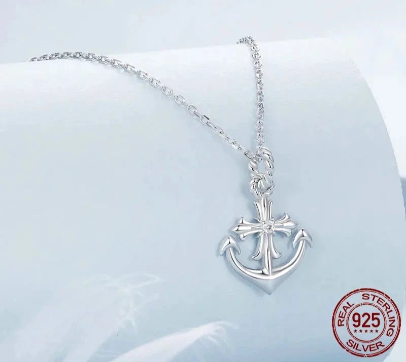 925 Sterling Silver Anchor Necklace, White Gold Plated Classic Necklace with Cubic Zirconia Jewelry Gift for Women BSN393