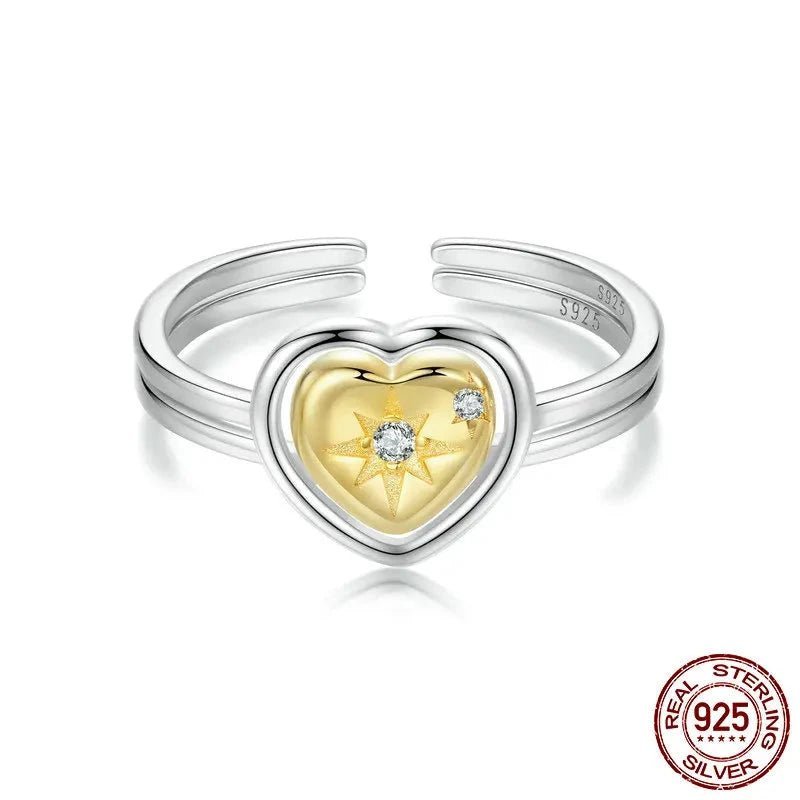 925 Sterling Silver 18K Gold Plated Heart Open Ring White Gold Plated Stars Adjustable Ring for Women Fine Jewelry Gift